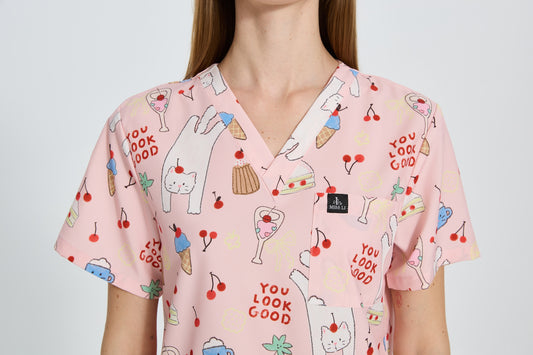 Cherry Meow Scrub Top