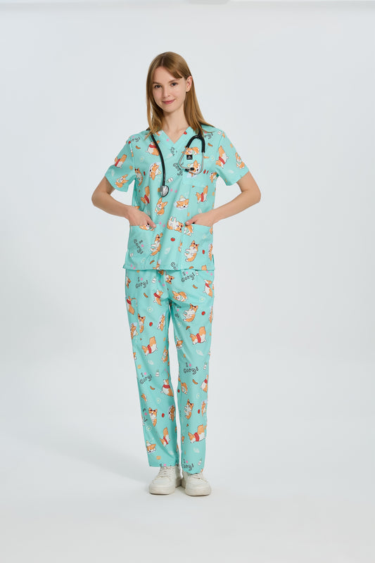 Corgi Party Scrub Top
