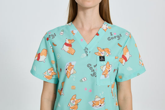 Corgi Party Scrub Top